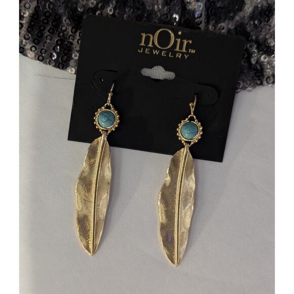 Gold Tone Leaf Turquoise Dangle Earrings by nOir - Picture 2 of 4